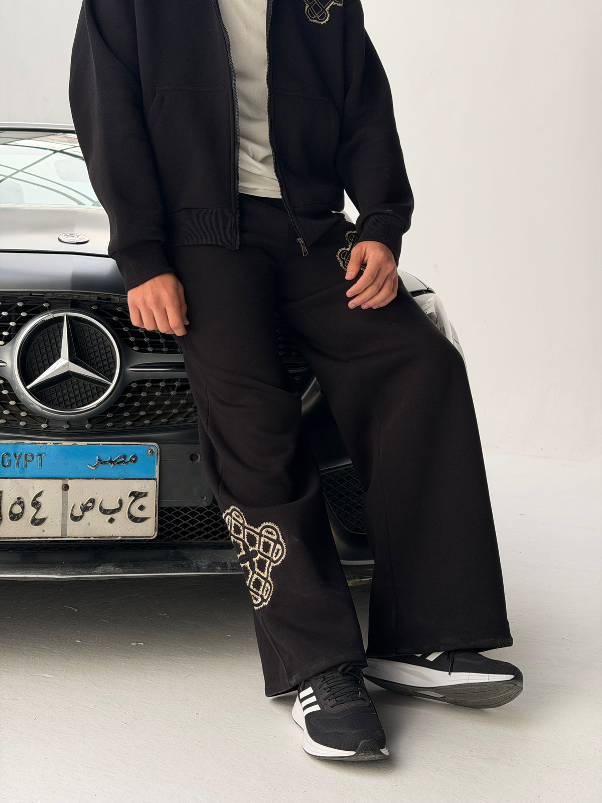 Black Sateen Signature Wide-Leg Sweatpants