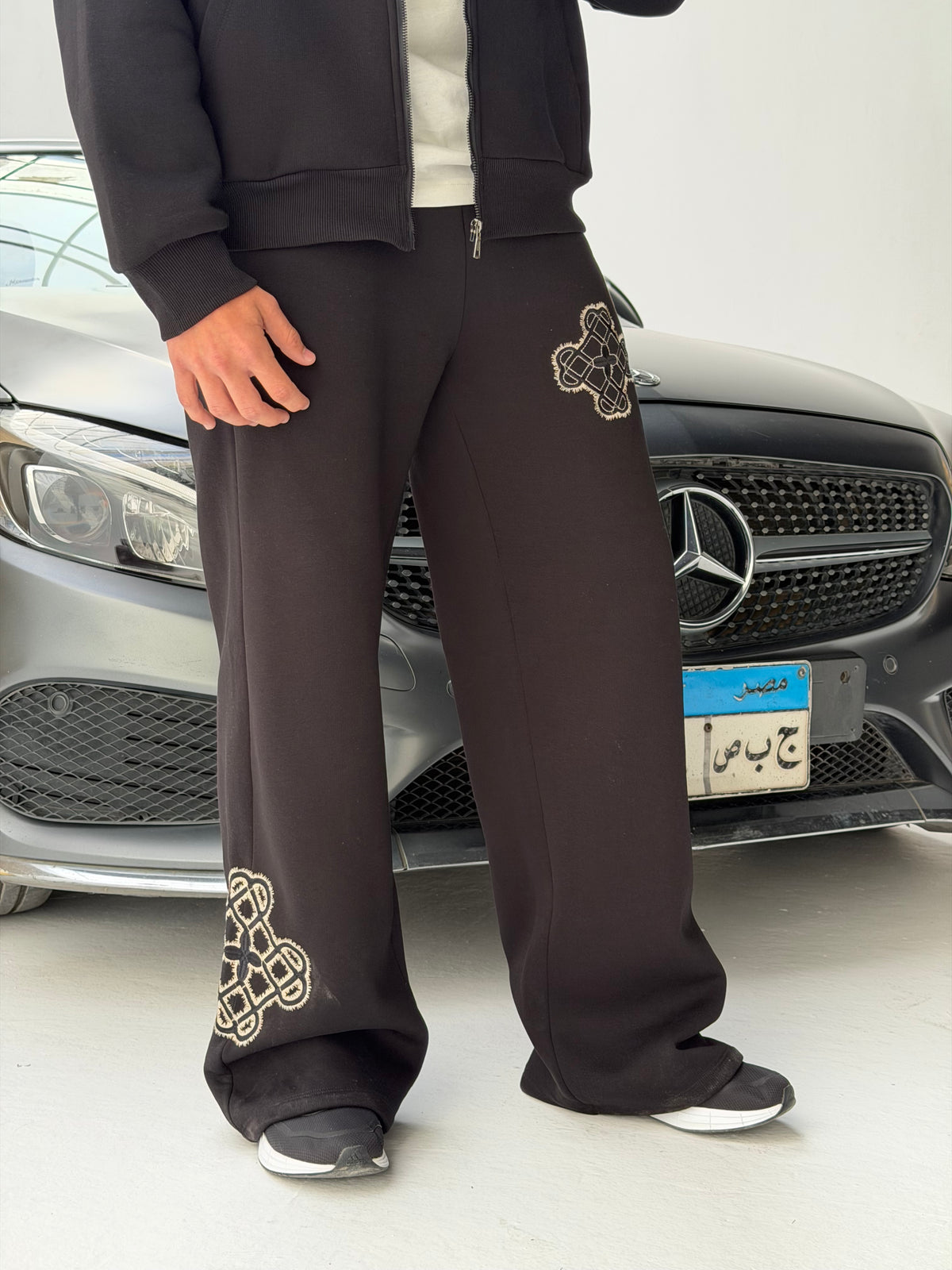 Black Sateen Signature Wide-Leg Sweatpants