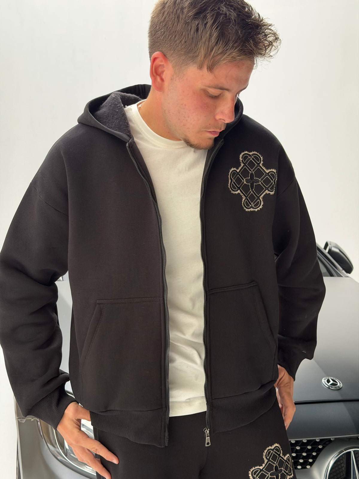 Black Sateen Signature Zip-Up Hoodie