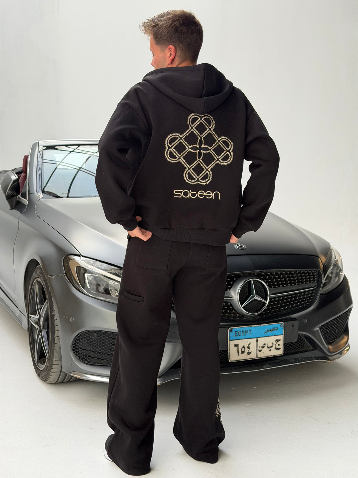 Black Sateen Signature Zip-Up Hoodie