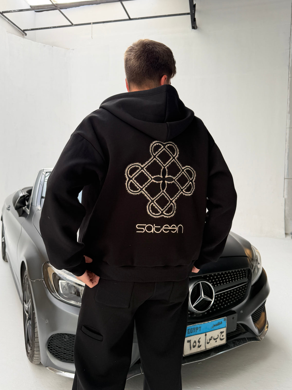 Black Sateen Signature Zip-Up Hoodie