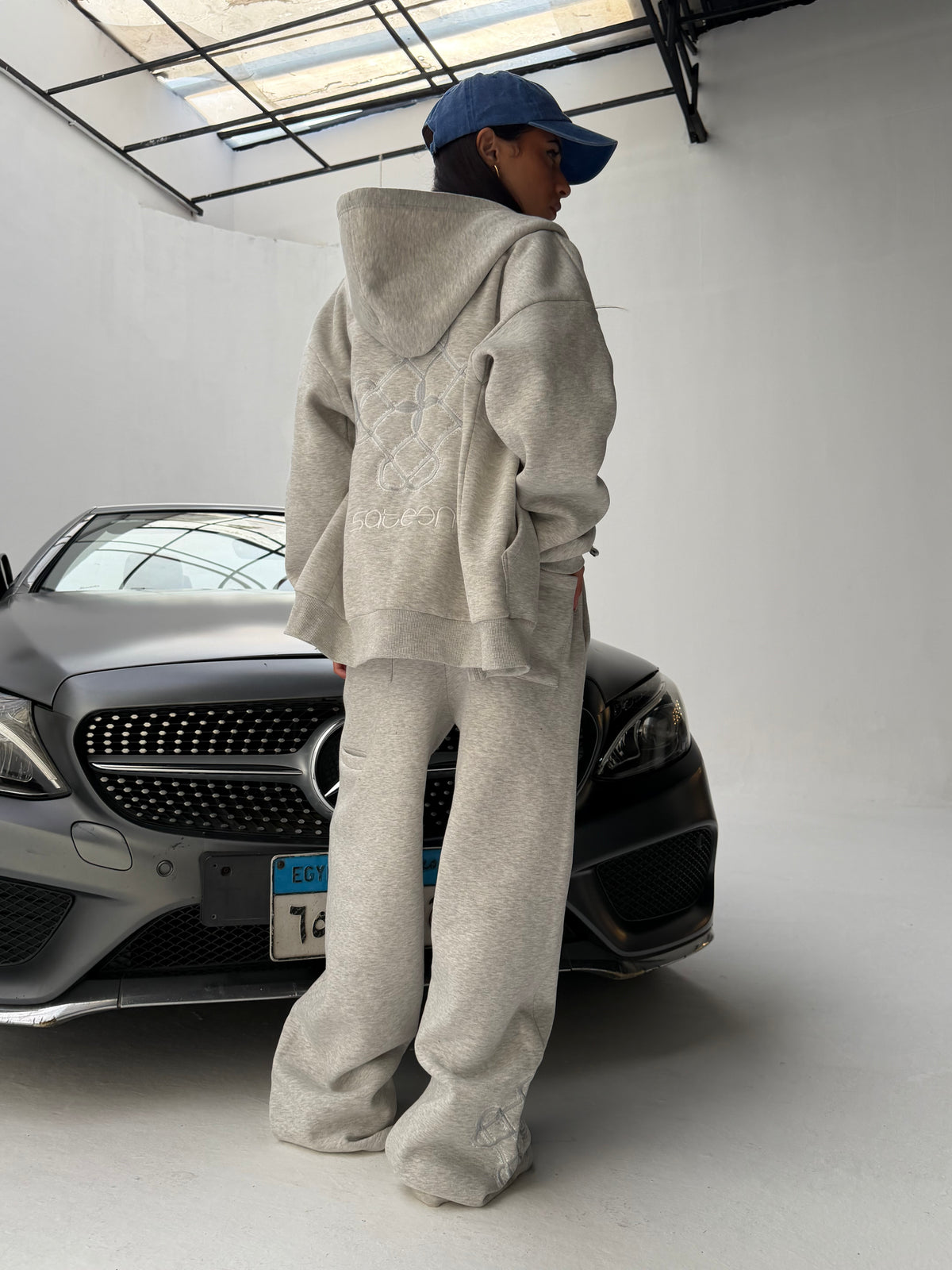 Grey Sateen Signature Zip-Up Hoodie