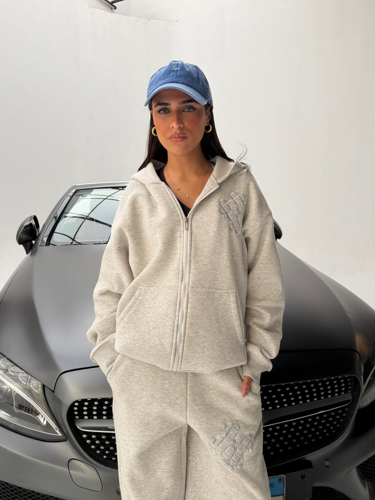 Grey Sateen Signature Zip-Up Hoodie