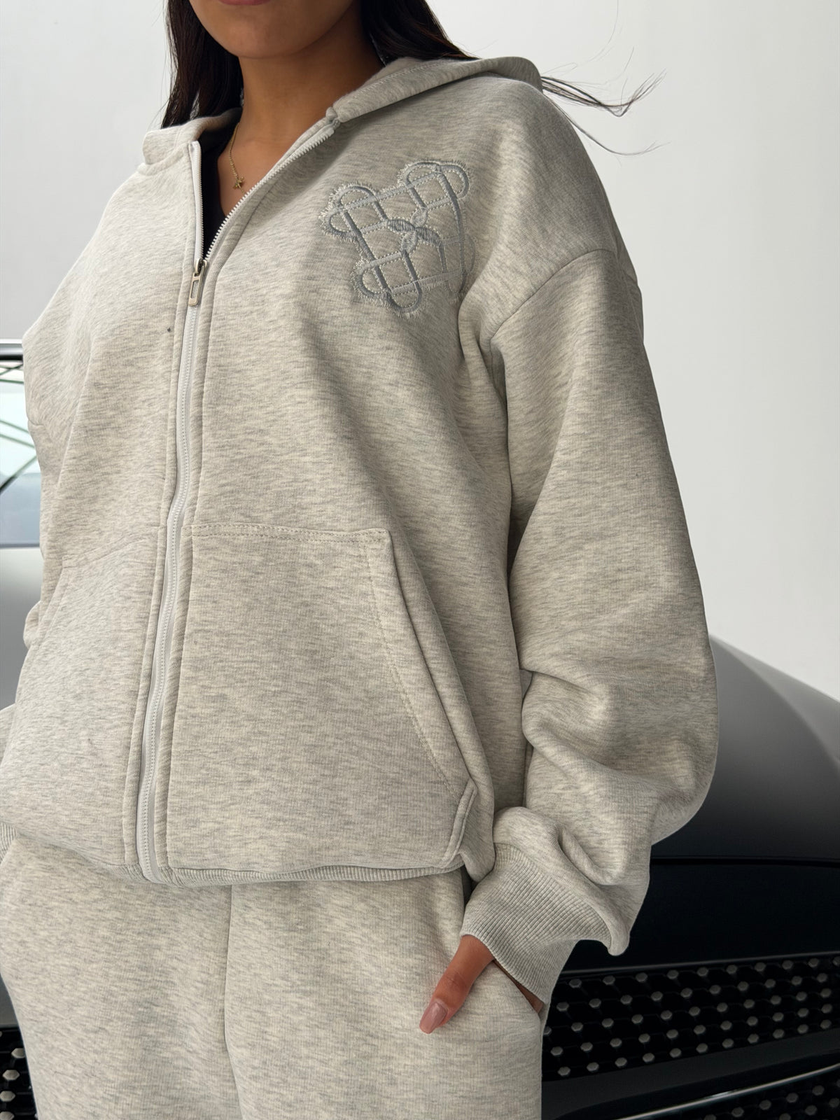 Grey Sateen Signature Zip-Up Hoodie