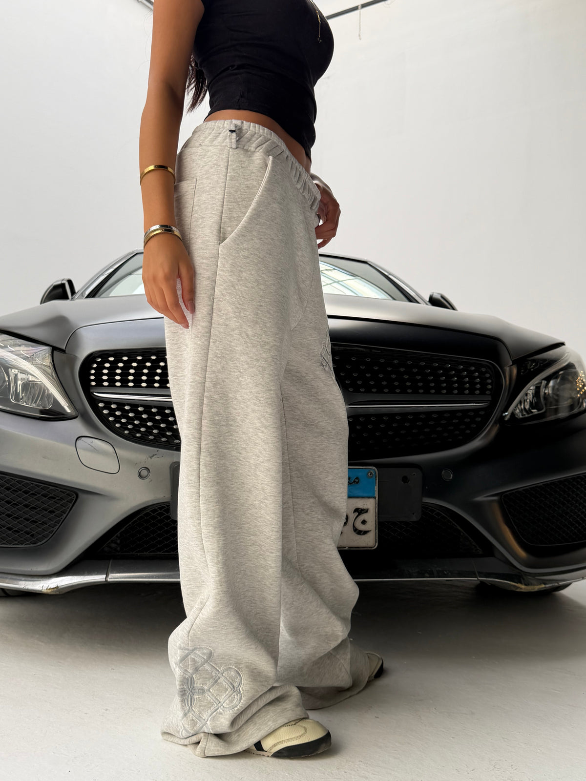 Grey Sateen Signature Wide-Leg Sweatpants