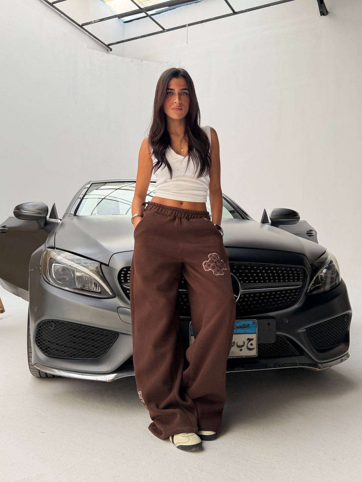 Brown Sateen Signature Wide-Leg Sweatpants