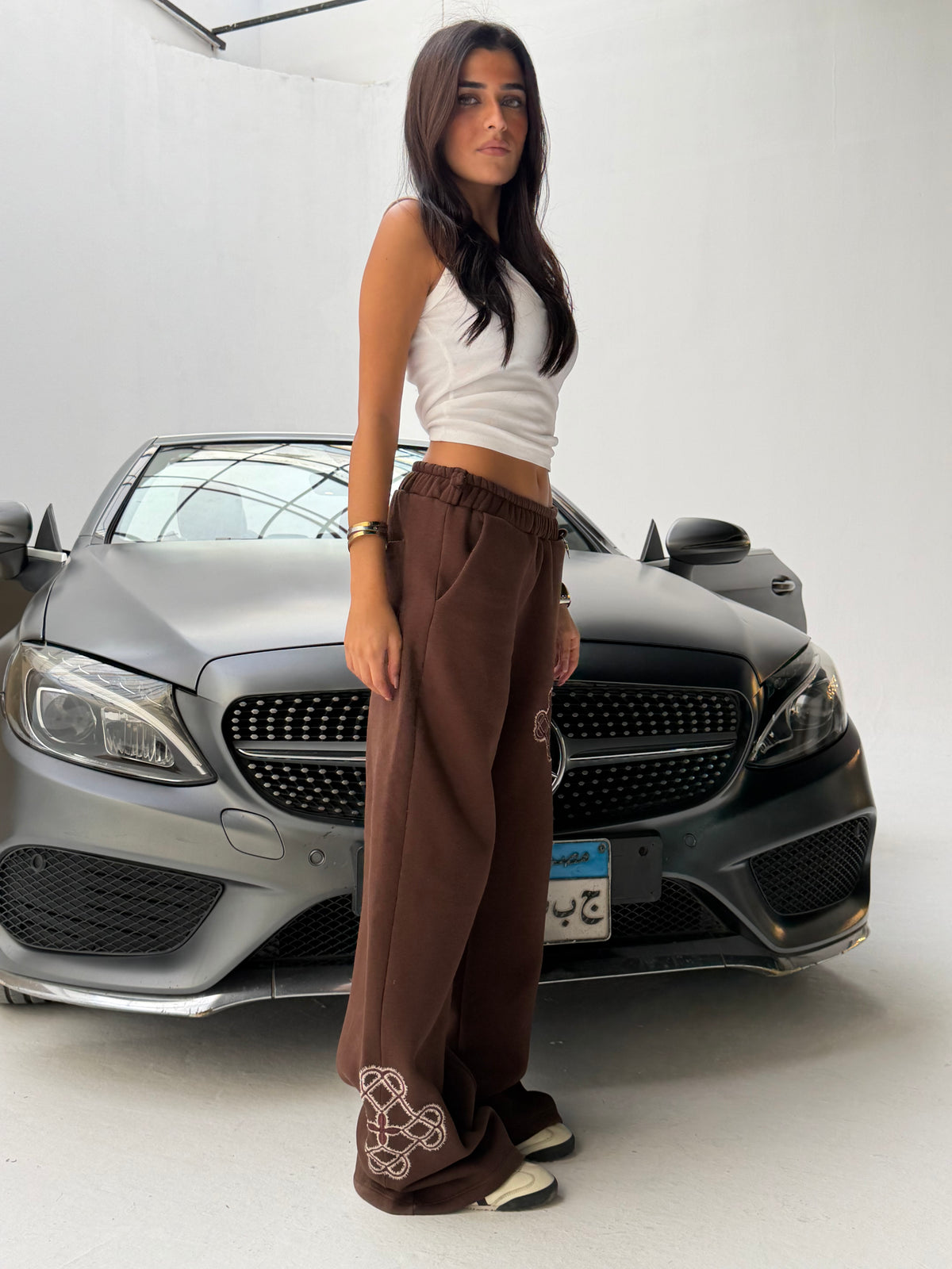 Brown Sateen Signature Wide-Leg Sweatpants