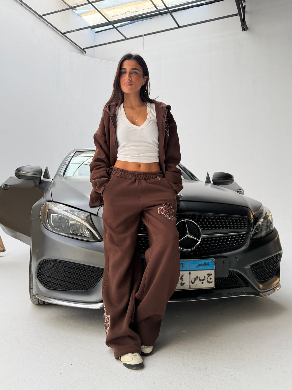 Brown Sateen Signature Zip-Up Hoodie