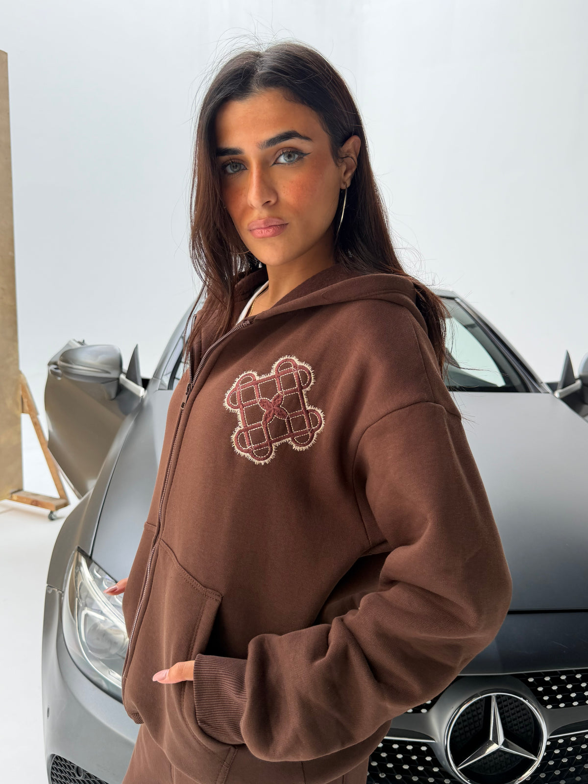 Brown Sateen Signature Zip-Up Hoodie