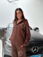 Brown Sateen Signature Zip-Up Hoodie