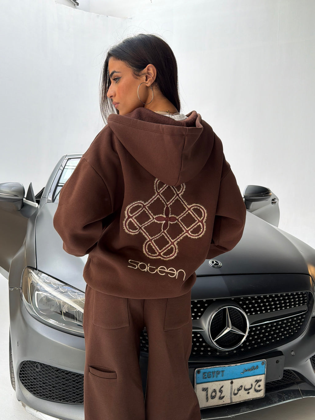 Brown Sateen Signature Zip-Up Hoodie