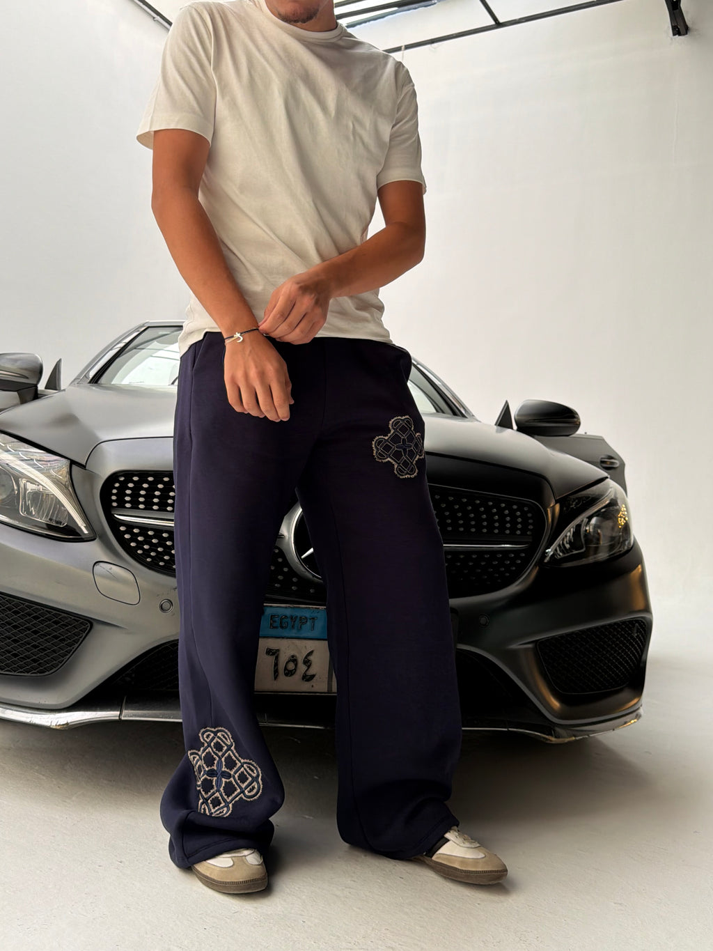 Navy Sateen Signature Wide-Leg Sweatpants
