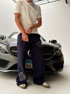 Navy Sateen Signature Wide-Leg Sweatpants
