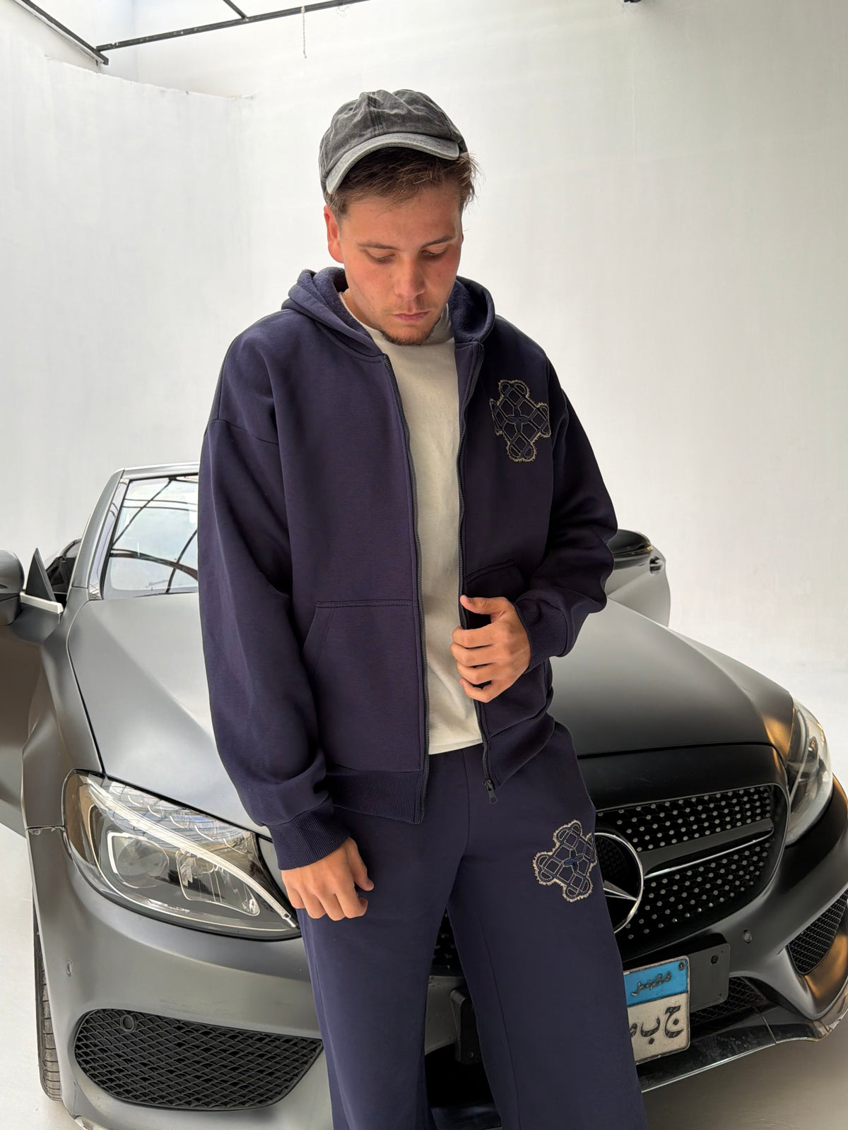 Navy Sateen Signature Zip-Up Hoodie