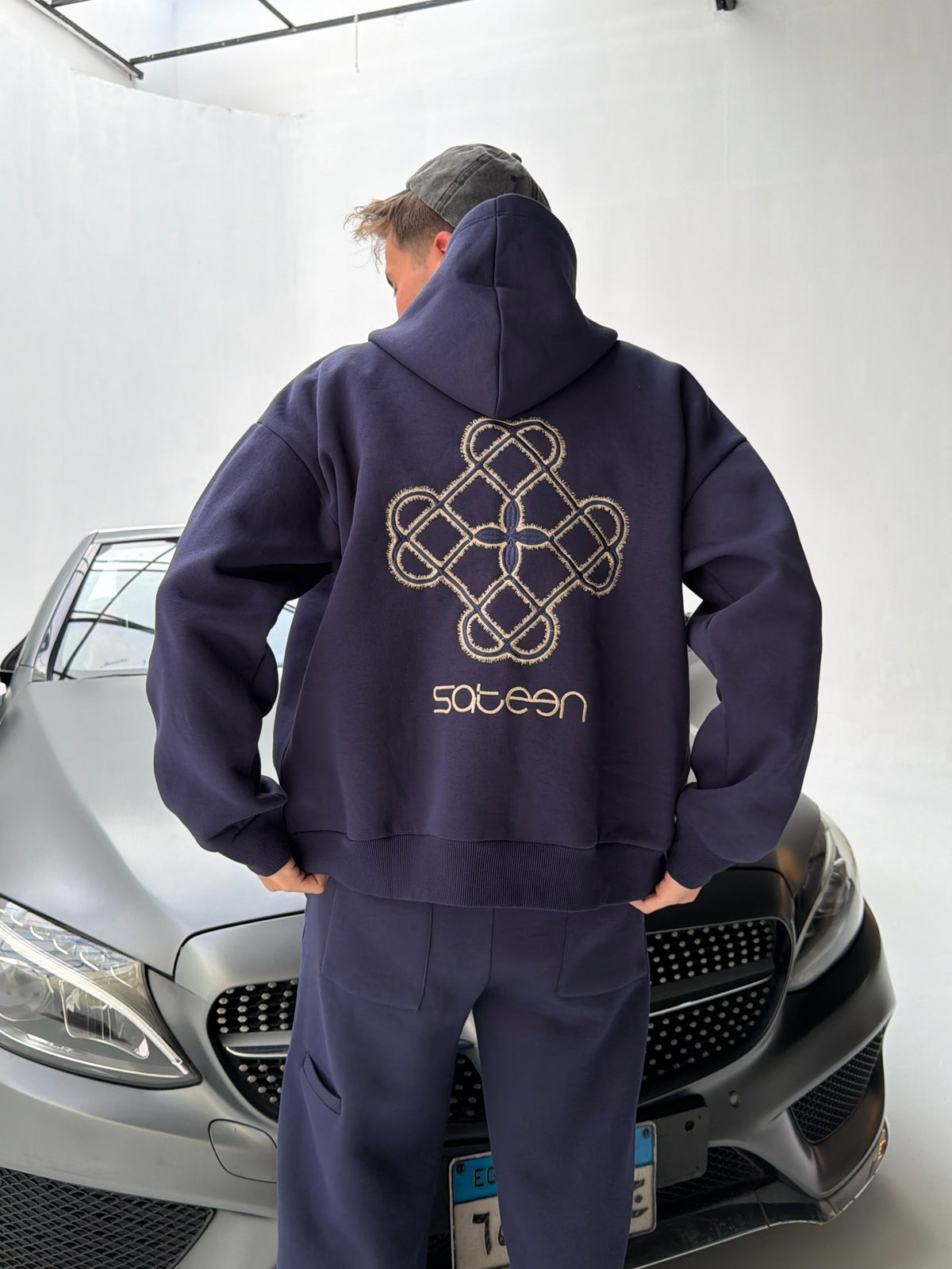 Navy Sateen Signature Zip-Up Hoodie