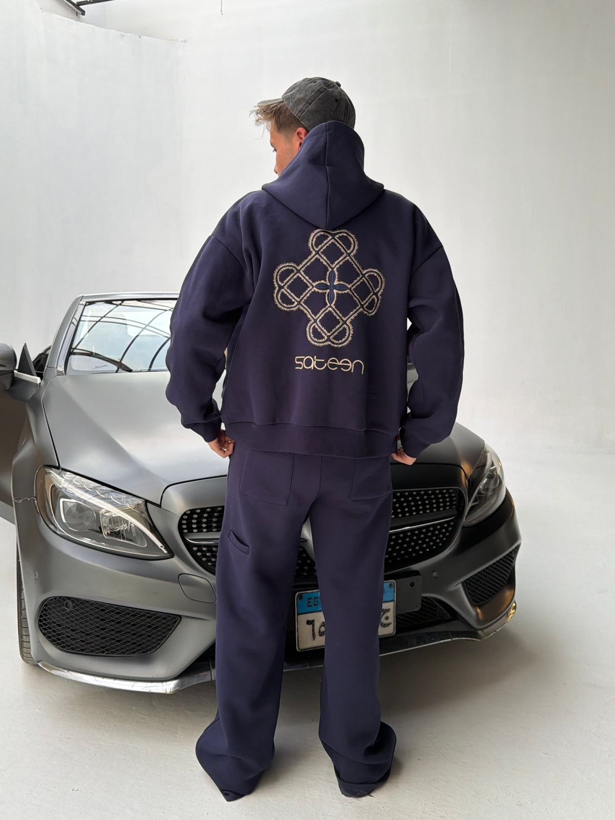 Navy Sateen Signature Zip-Up Hoodie
