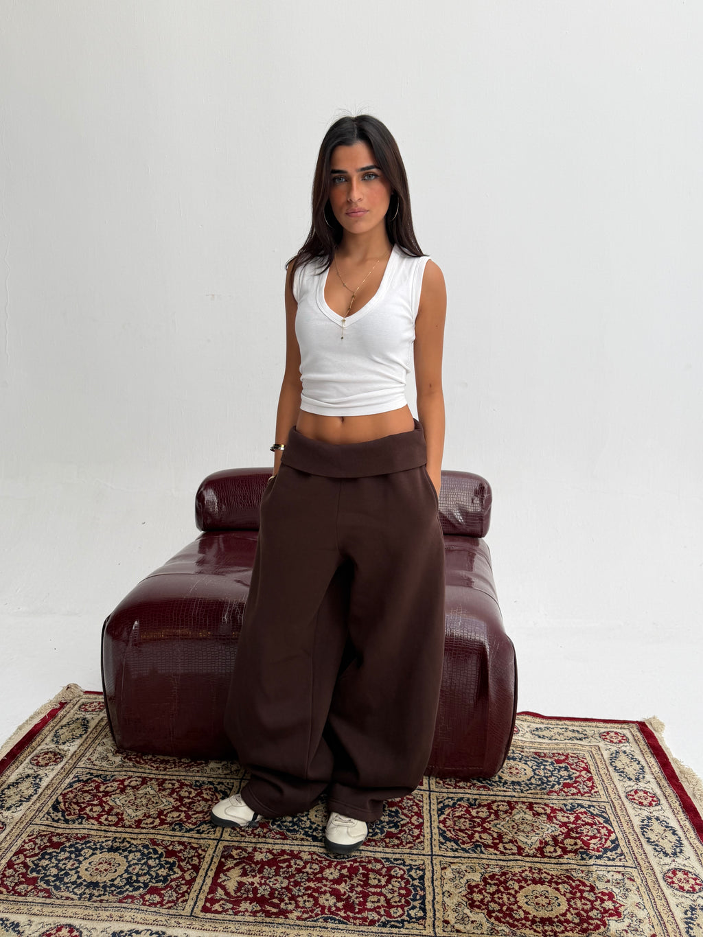 Brown Foldover Waist Sweatpants