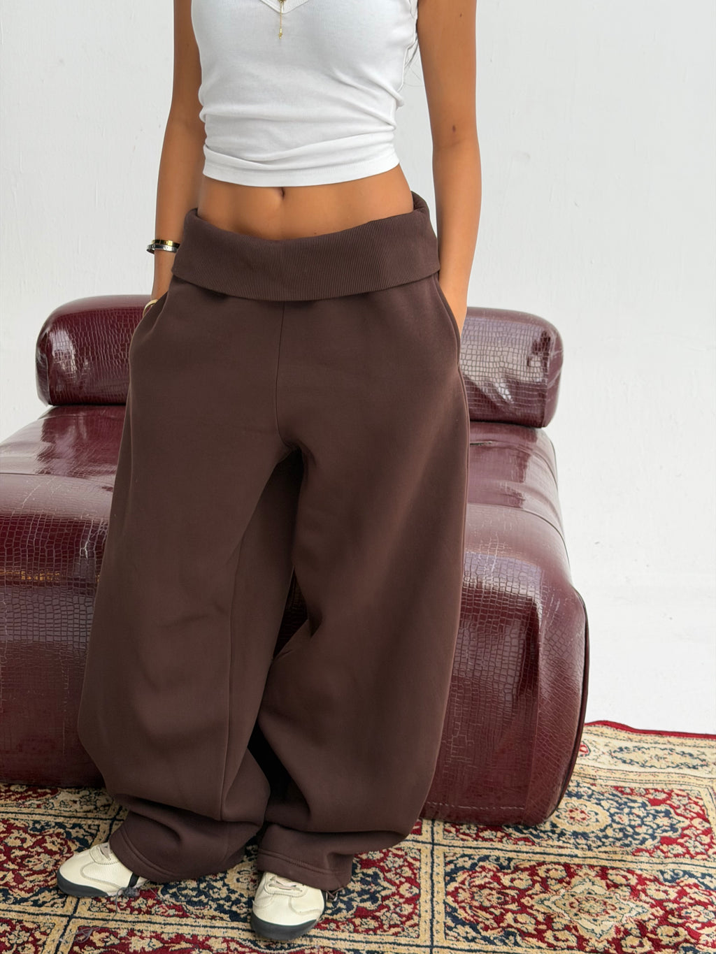 Brown Foldover Waist Sweatpants