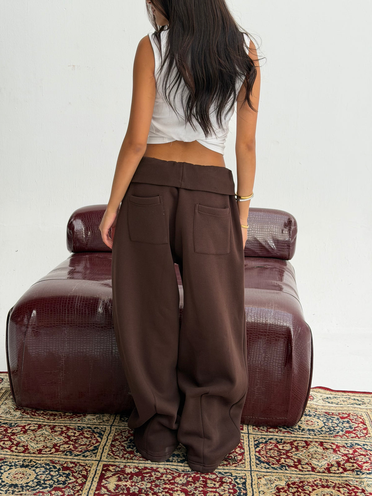 Brown Foldover Waist Sweatpants