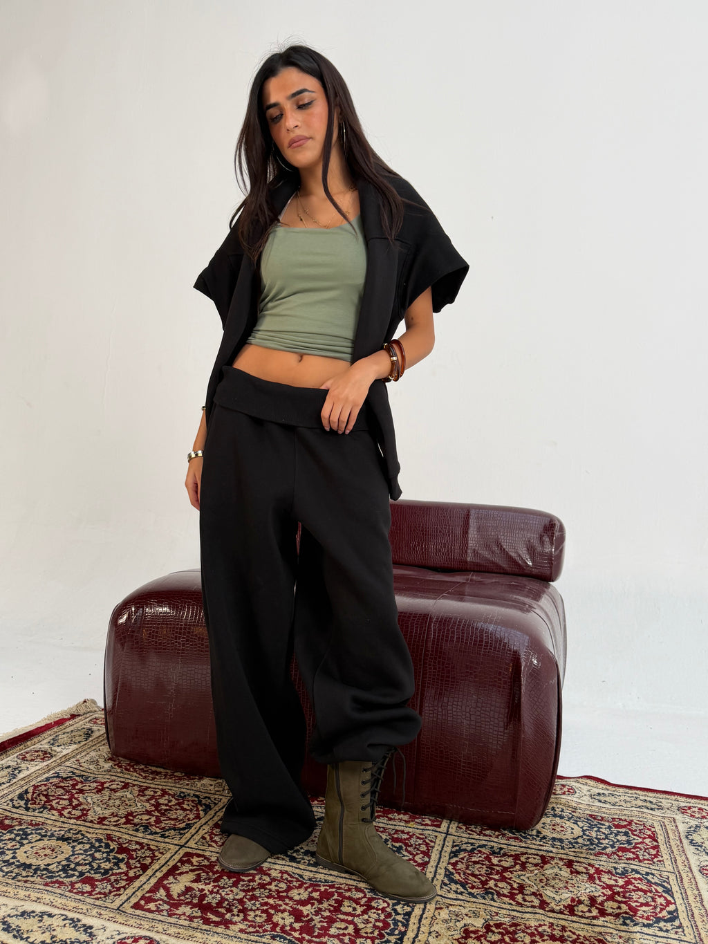 Black Foldover Waist Sweatpants