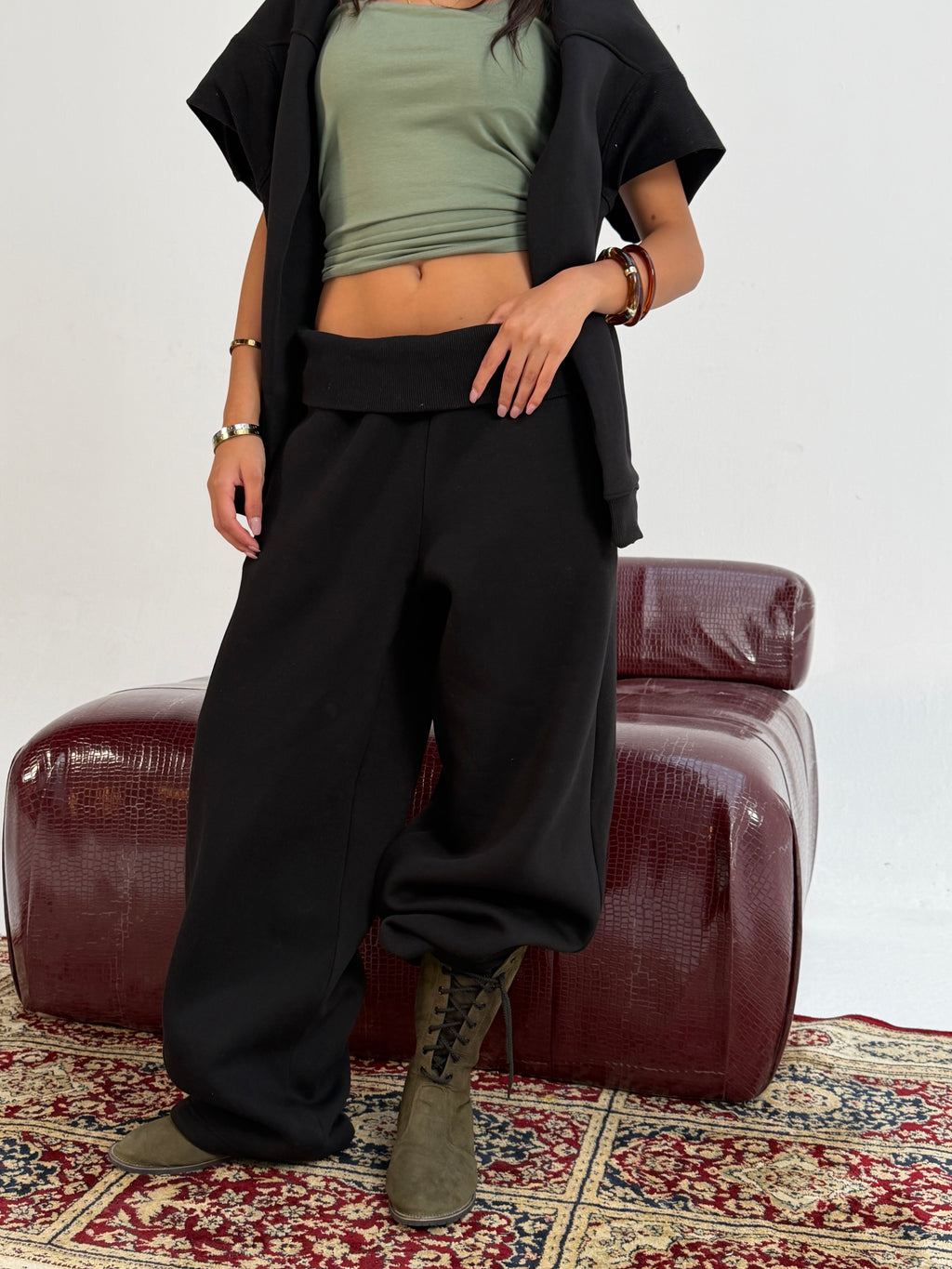 Black Foldover Waist Sweatpants