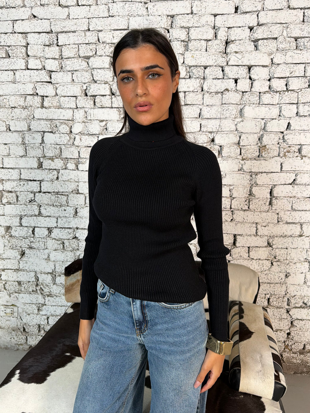Black Ribbed Turtleneck Knit Top