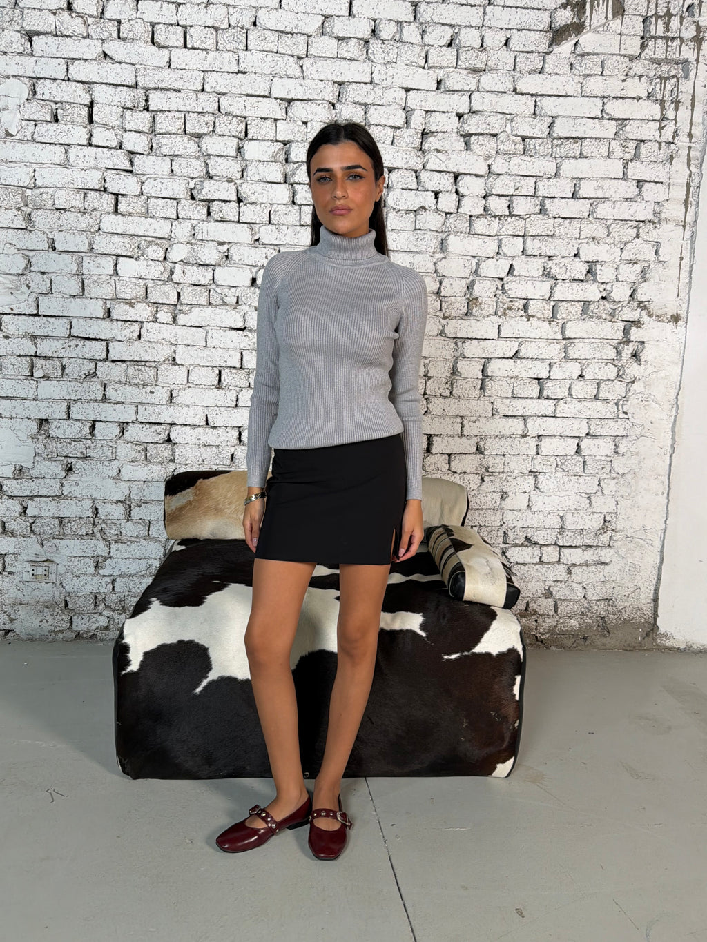 Grey Ribbed Turtleneck Knit Top