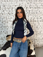 Navy Ribbed Turtleneck Knit Top