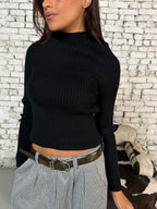 Black Ribbed High-Neck Knit Top