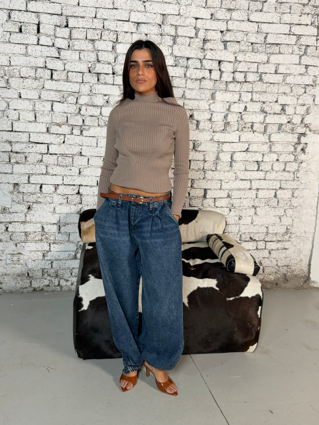 Light Brown Ribbed High-Neck Knit Top