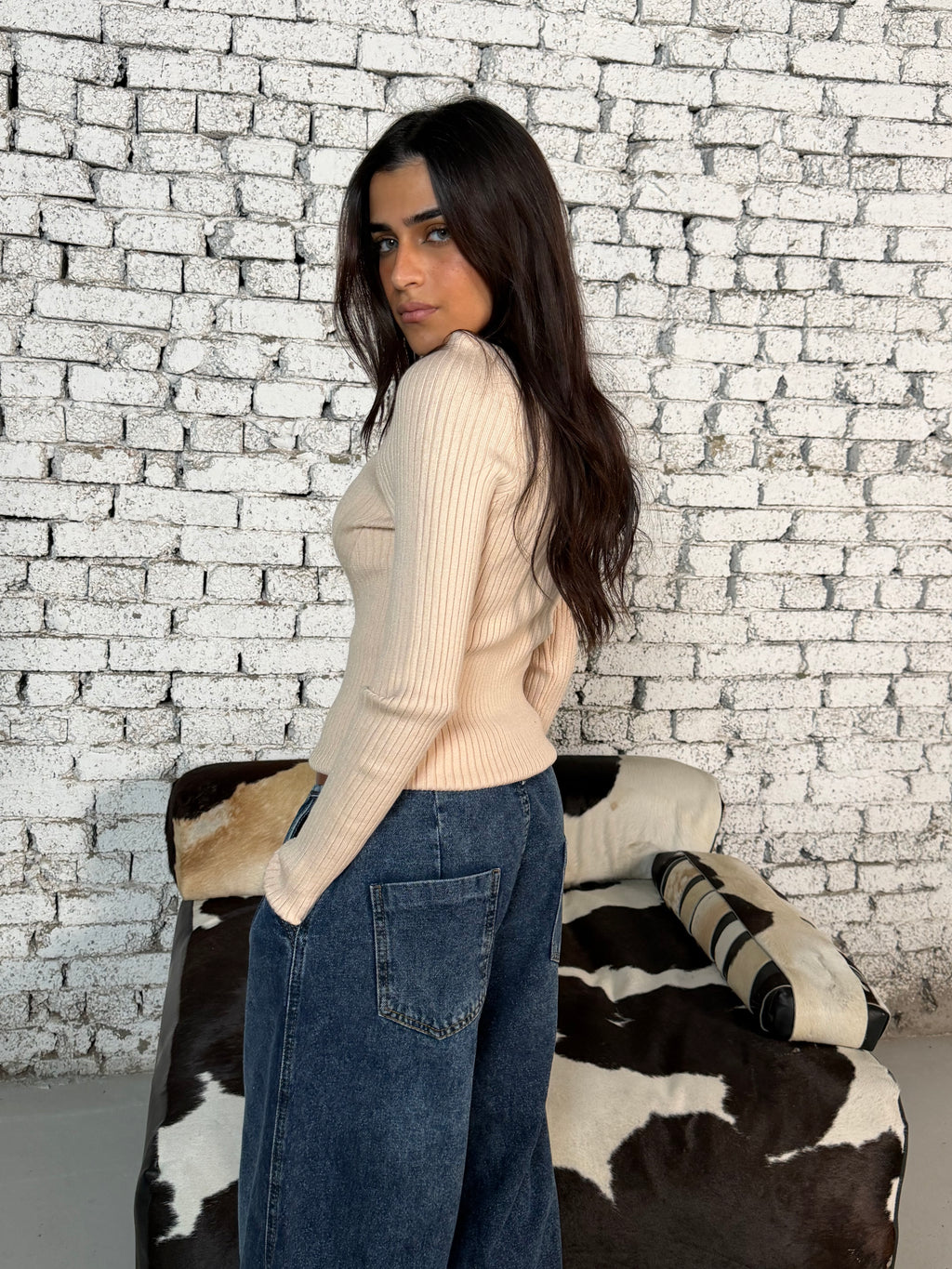 Creamy Beige Ribbed High-Neck Knit Top