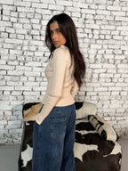 Creamy Beige Ribbed High-Neck Knit Top