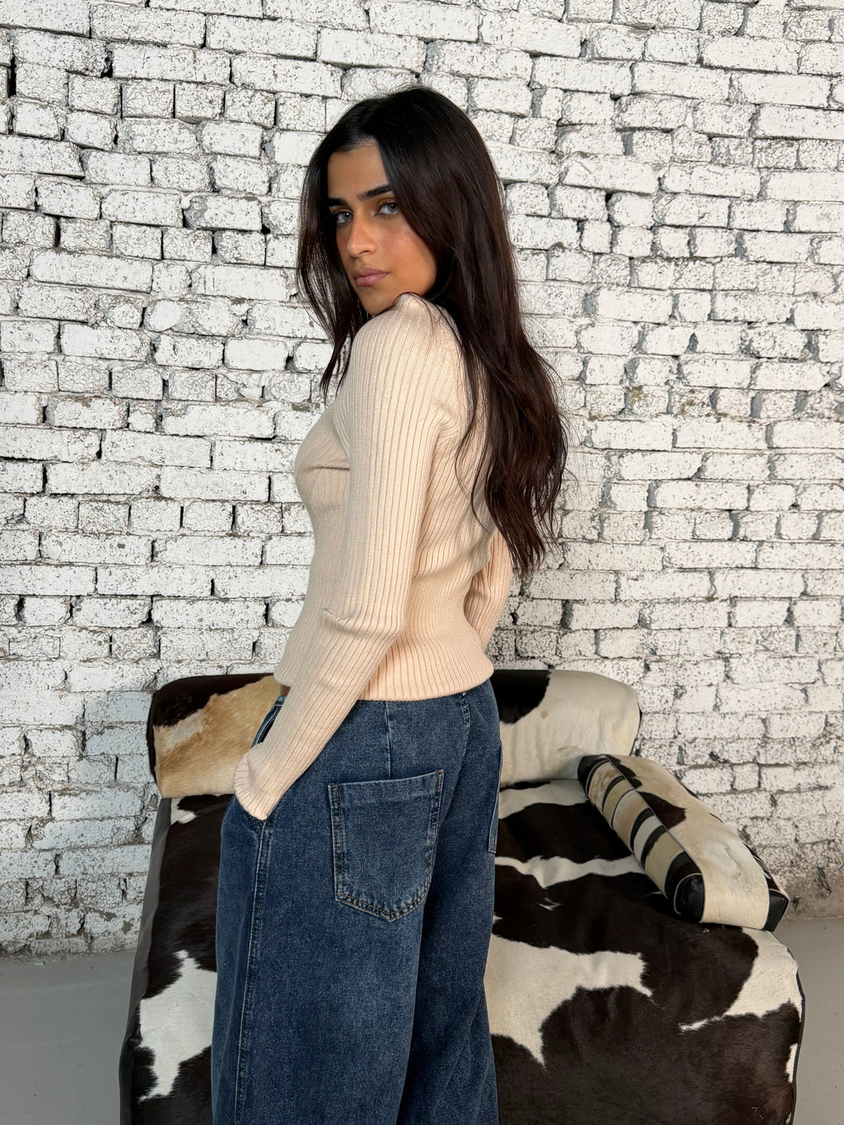 Creamy Beige Ribbed High-Neck Knit Top