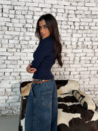 Navy Ribbed High-Neck Knit Top