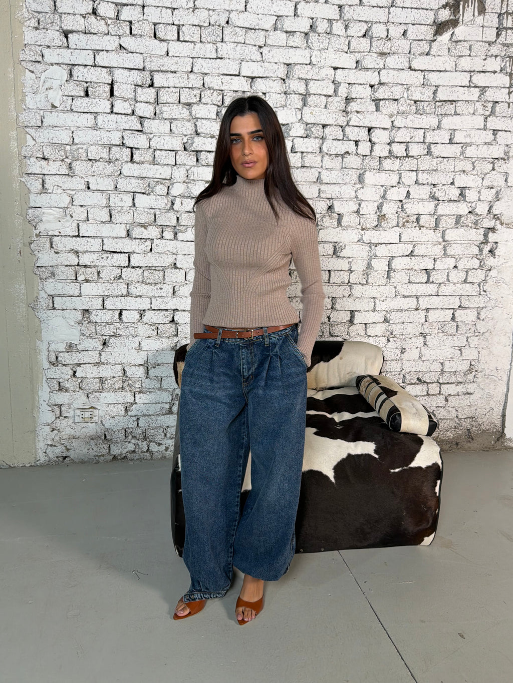 Dark Beige Ribbed High-Neck Knit Top
