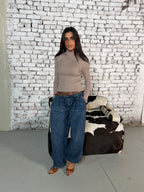 Dark Beige Ribbed High-Neck Knit Top