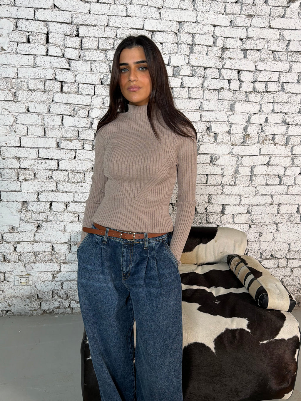 Dark Beige Ribbed High-Neck Knit Top