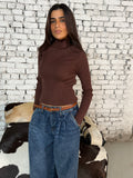 Brown Ribbed High-Neck Knit Top