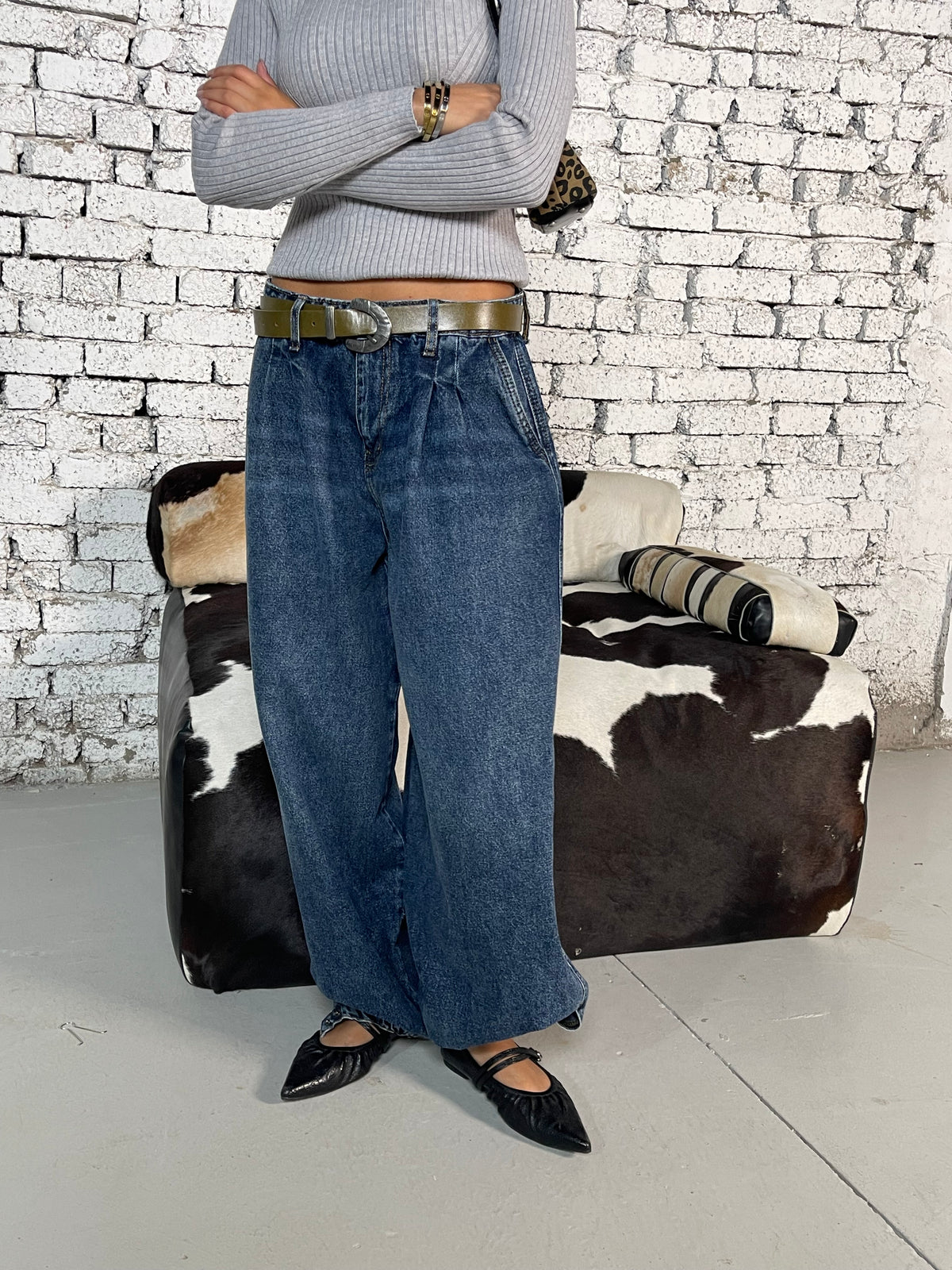 Dark Blue Adjustable Hem Wide-Leg Denim