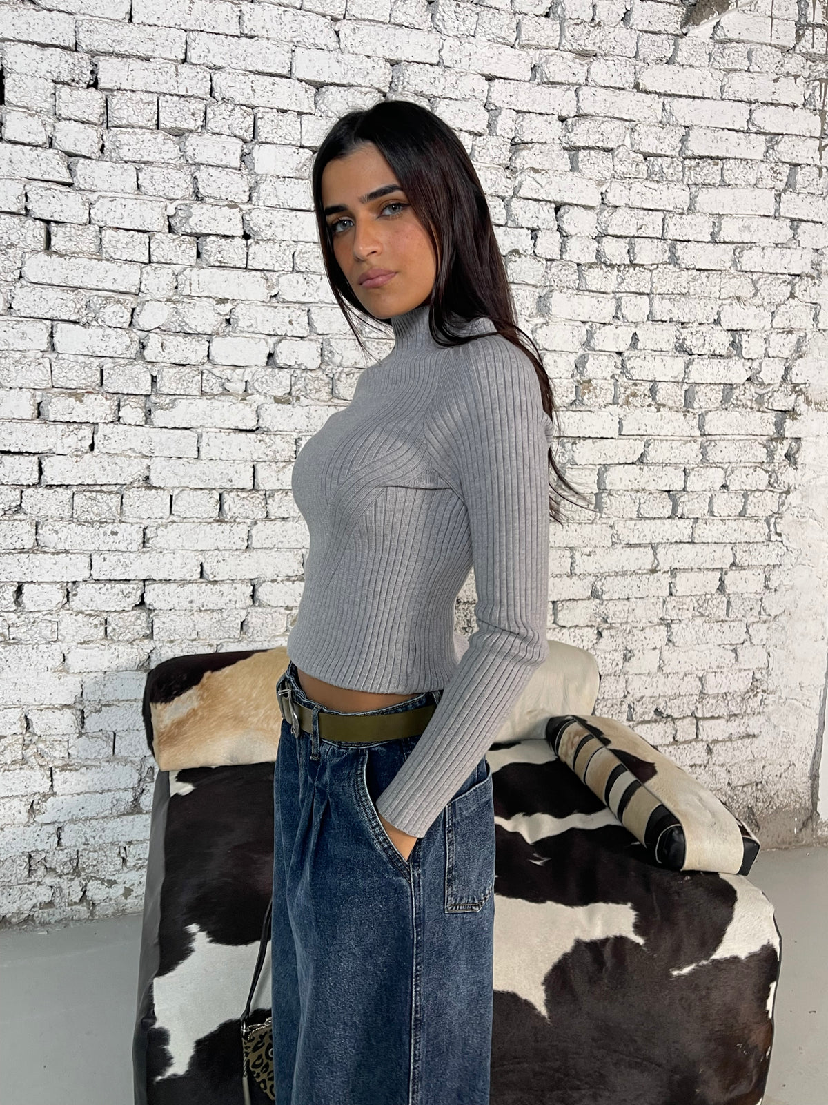 Grey Ribbed High-Neck Knit Top
