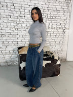 Grey Ribbed High-Neck Knit Top