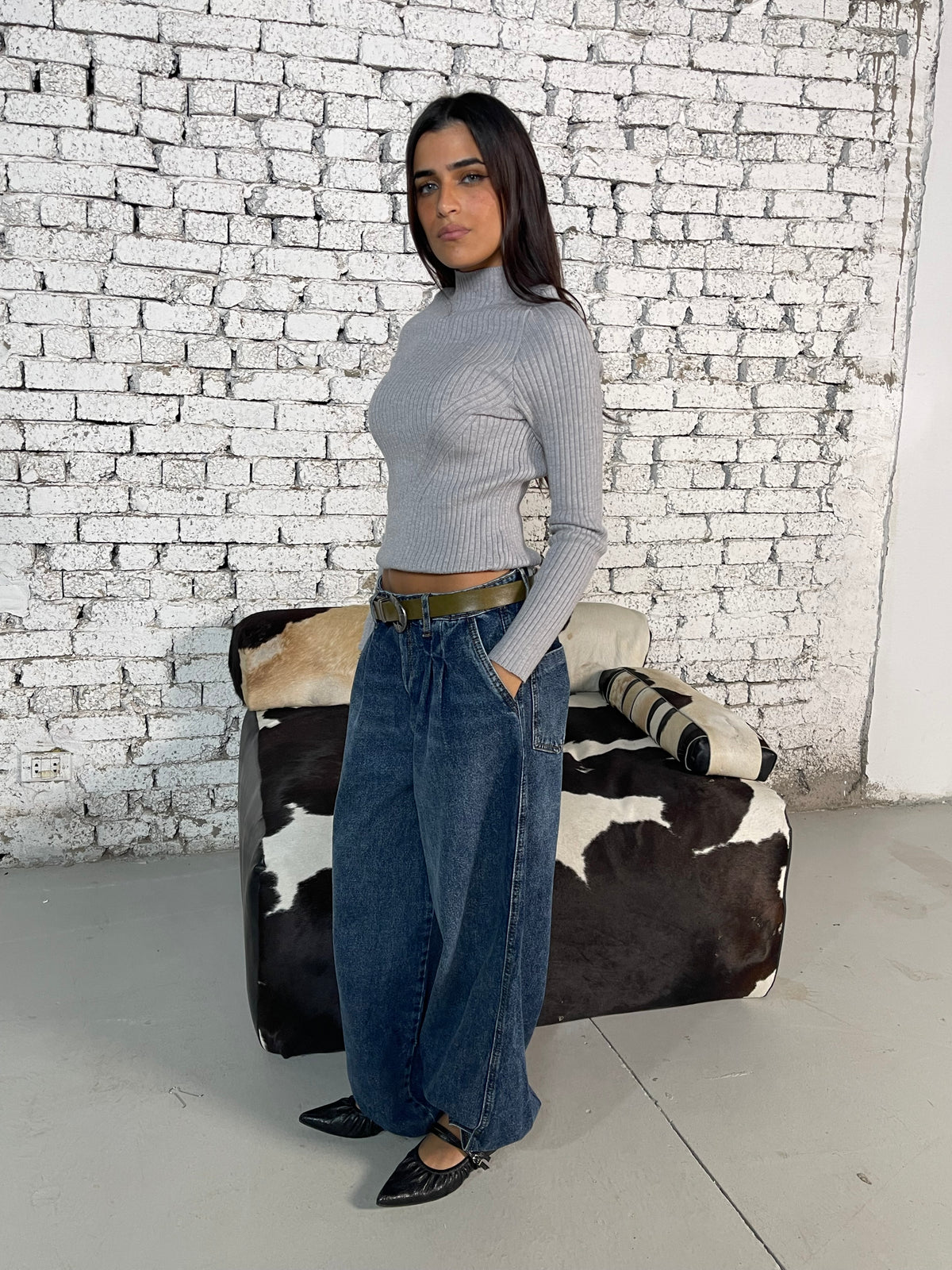 Grey Ribbed High-Neck Knit Top